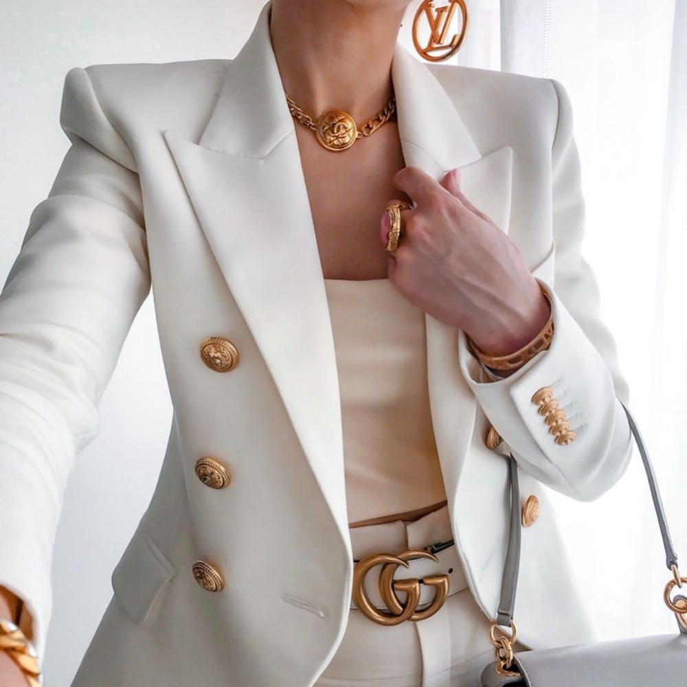 White Double-breasted Blazer Gold Tone Buttons - Picture 10 of 16